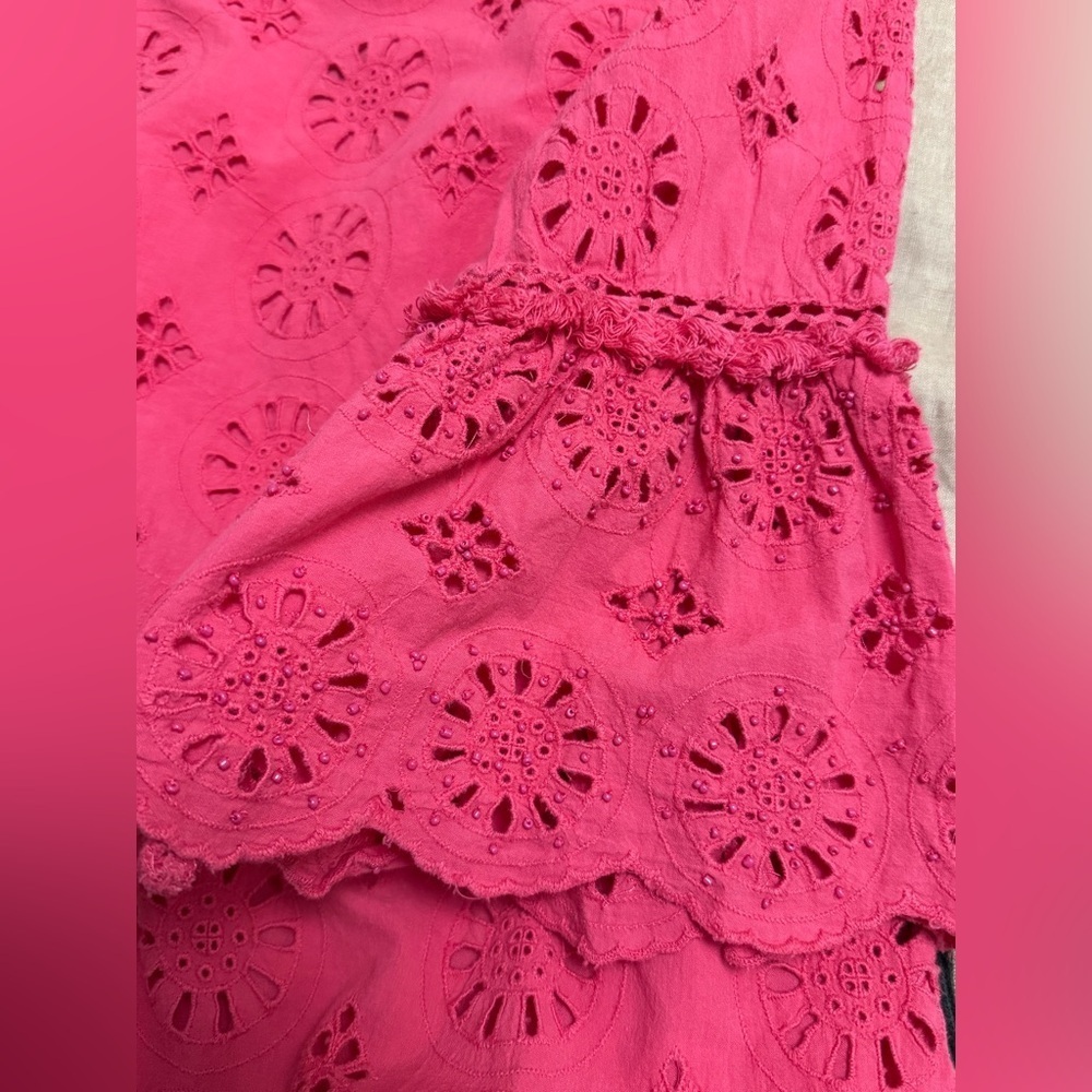 Anthropologie Eyelet Ruffle Dress with beaded sleeve and pockets - Picture 13 of 13
